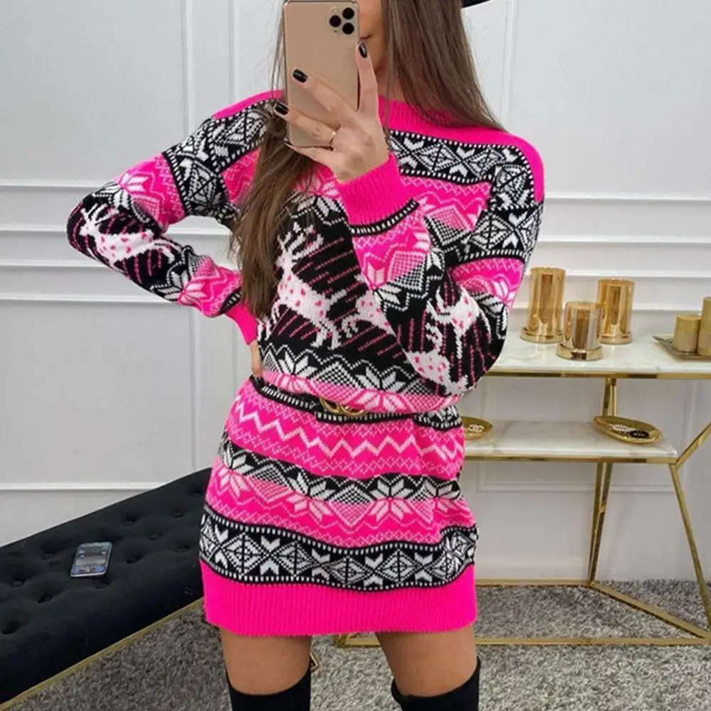 

Women Autumn Winter Christmas Sweater Dress Long Sleeve Neck Dress Round Fit Pullover Print Slim Moose Knitted N2F5