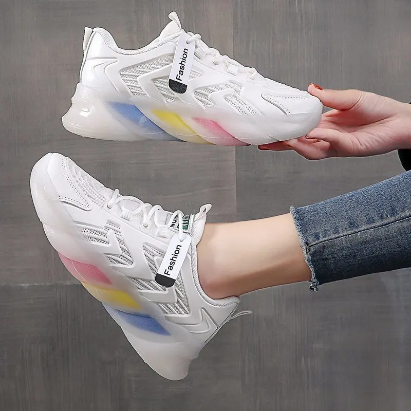 

Spring Korean White Platform Sneakers Women Shoes Rainbow Transparent Sole Breathable Walking Outdoor Slip On Casual Shoes Woman