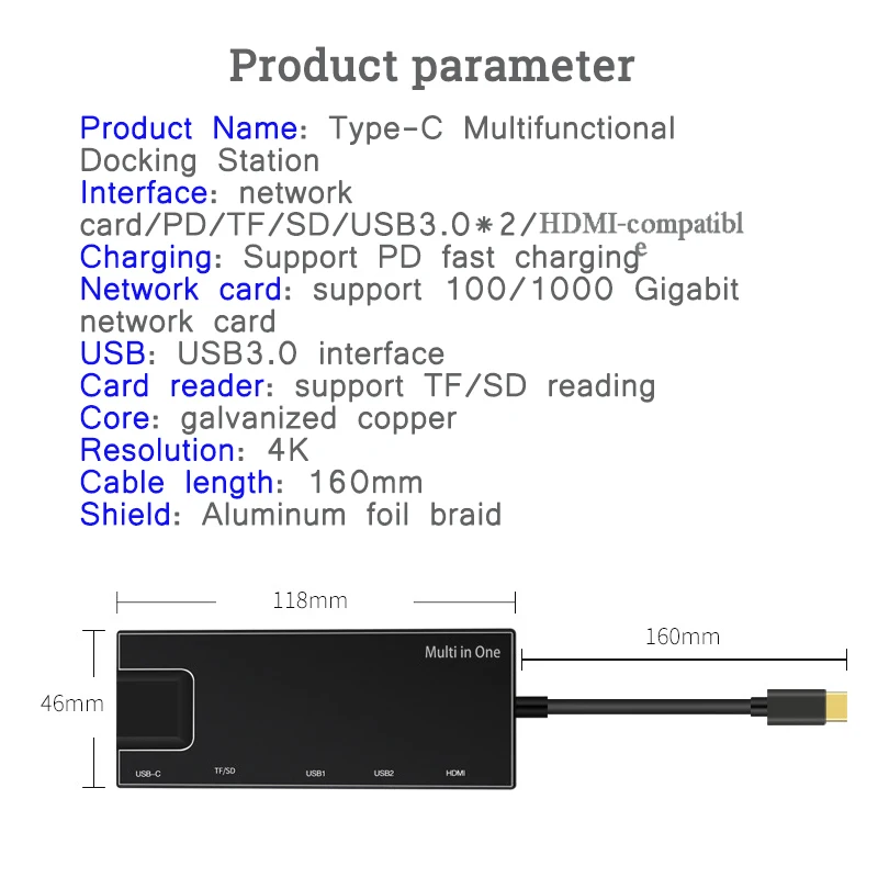 

7-in-1 Type-C Multifunctional Docking Station 4K HDMI-compatible USB C HUB RJ45 Gigabit network card PD/TF/SD USB 3.0 for laptop