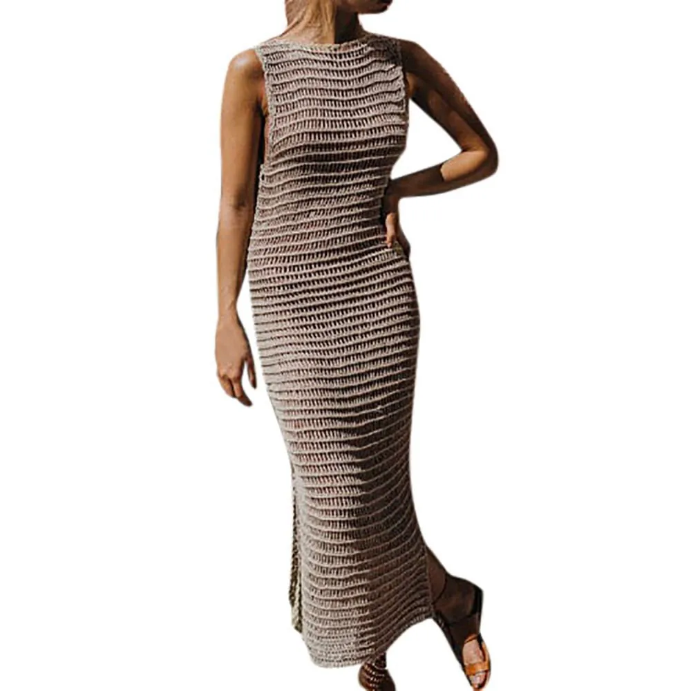 Летнее платье макси женское модное пляжное без рукавов с круглым вырезом вязаное