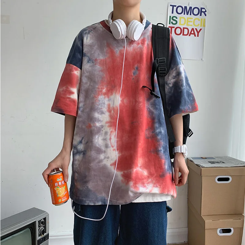 

XIZOU M Harajuku Men Summer Short Sleeve T shirts Hip Hop Tie Dye Tees Streetwear Men Casual t-shirt 2020 Oversized Man Tops