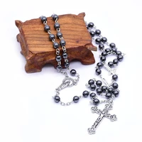 trendy religion jesus round black beads obsidian link chain rosary pendant necklace for unisex jewellery accessories