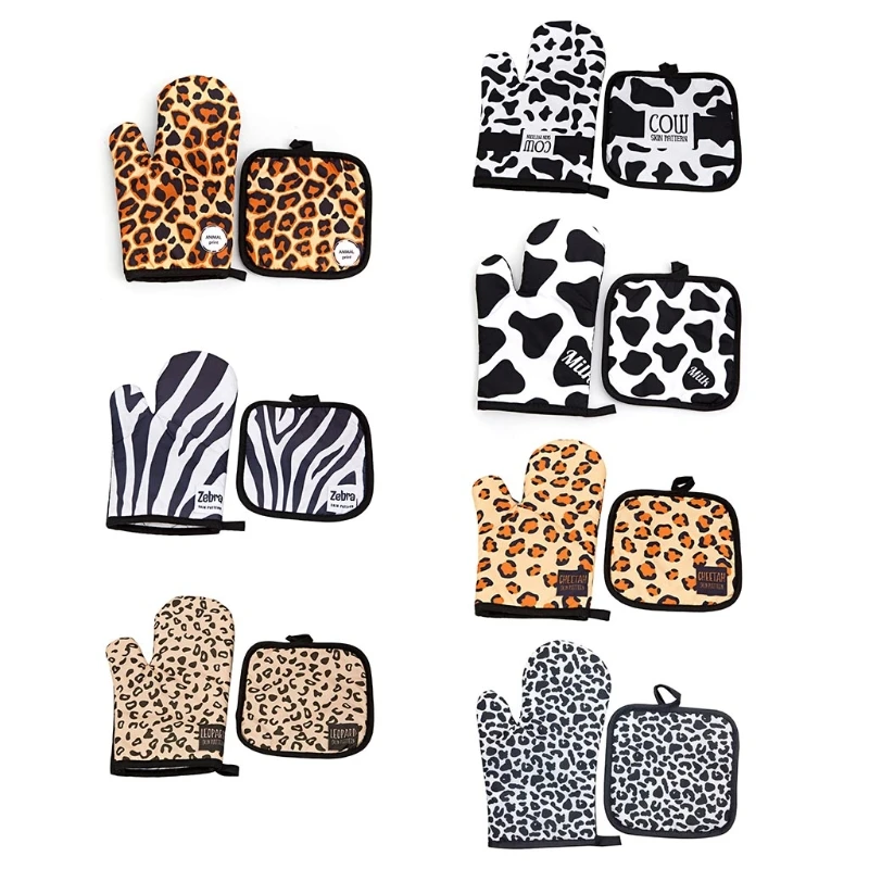 

Набор леопардовых варежек и держателей для кастрюль, Нескользящие кухонные перчатки, горячие прокладки, внутренний хлопковый слой для приг...