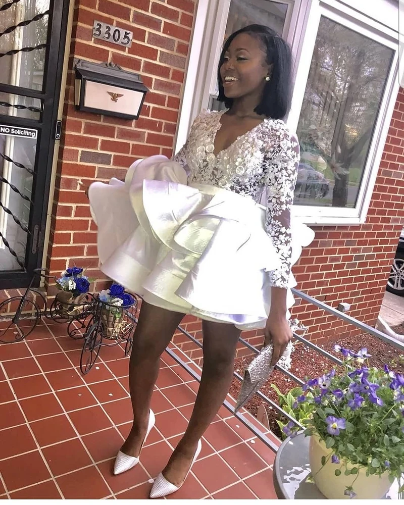 

Black Girl Short Ball Gown Prom Dresses 2020 new V Neck Long Sleeve Tiered Flowers See Through Formal Cocktail Dress Party Gowns