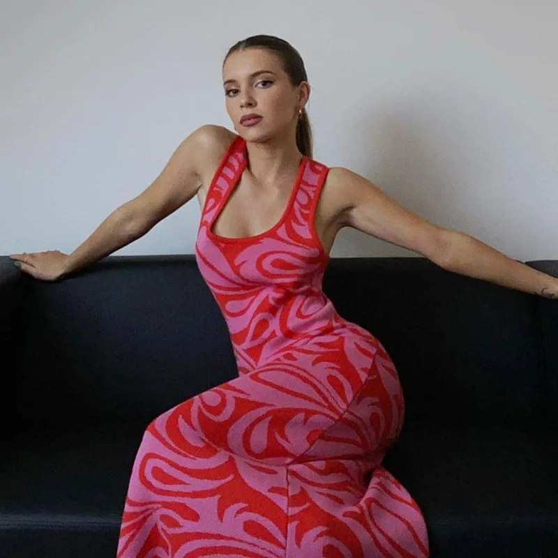

2021 European and American fashion women's street spice girls print cross backless knit long skirt women's summer