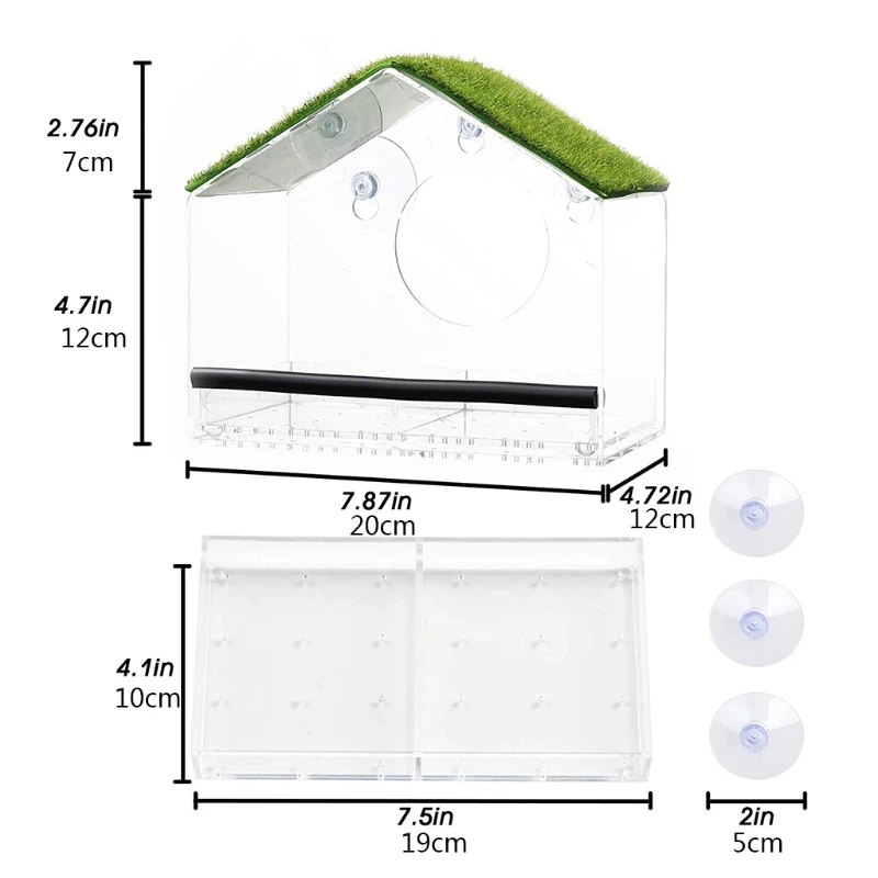 

Clear Acrylic Bird Feeder with Strong Window Suction Cups Turf Roof Seed Tray Perch Outdoor Bird Feeder for Wild Birds