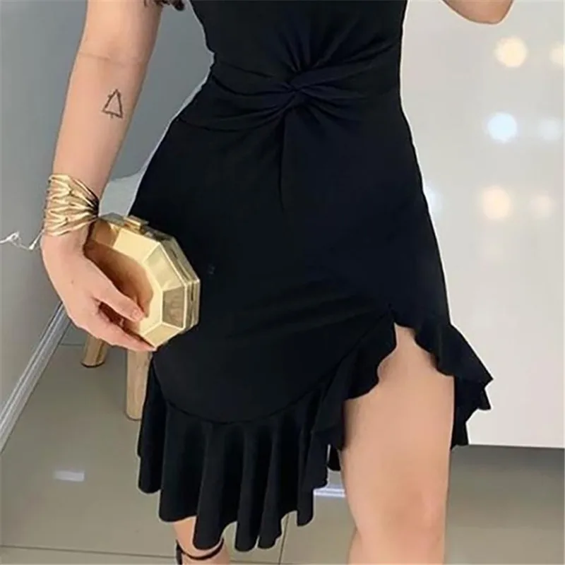 

2021 Women Fashion Elegant Lady Dress Party Sweet Workwear Dress Casual One Shoulder Waist Twisted Ruffles Hem Dress