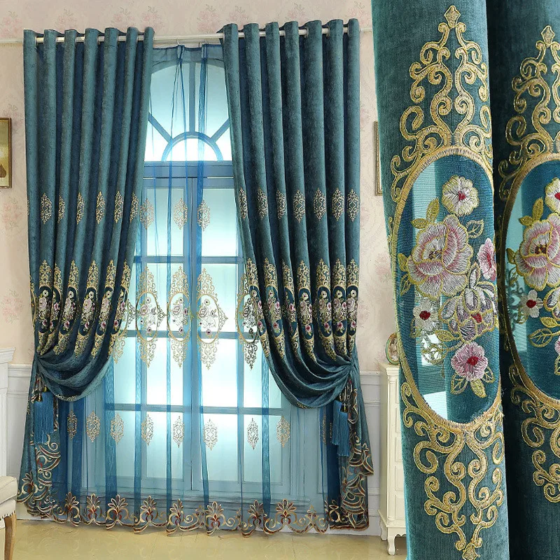 

Europe and America Style top luxury Blackout embroidered floor Curtains for Living Room high quality Voile Curtain for Bedroom