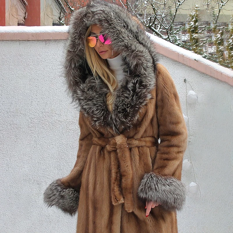 BFFUR 100cm Long Mink Fur Coat With Silver Fox Fur Hood Thick Warm Winter Woman Luxury Overcoats Natural Mink Fur Jackets Women