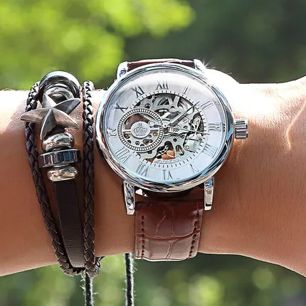 brown silver Новинка, брендовые MG ORKINA часы, мужские часы с кожаным ремешком, механические наручные часы с серебряным каркасом, прозрачный полый дизайн - Цвет: brown silver