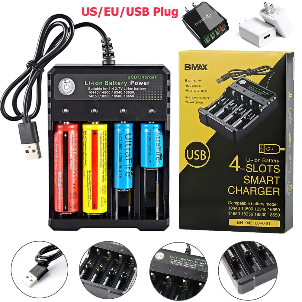 18650 Батарея Зарядное устройство черного цвета 4 слота USB AC 110V 220V двойной для