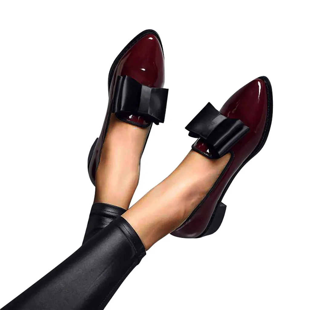 SAGACE Autumn Flats Women Shoes Bowtie Loafers Patent Leather Women's Low Heels Slip On Footwear Female Pointed Toe Thick Heel