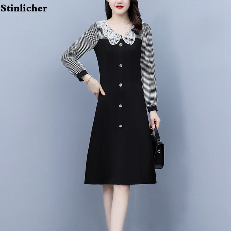 

L-5XL Black Houndstooth Lace Party Dress Women Spring Autumn Long Sleeve Single Breasted Office Ladies OL Work Midi Dress Robe