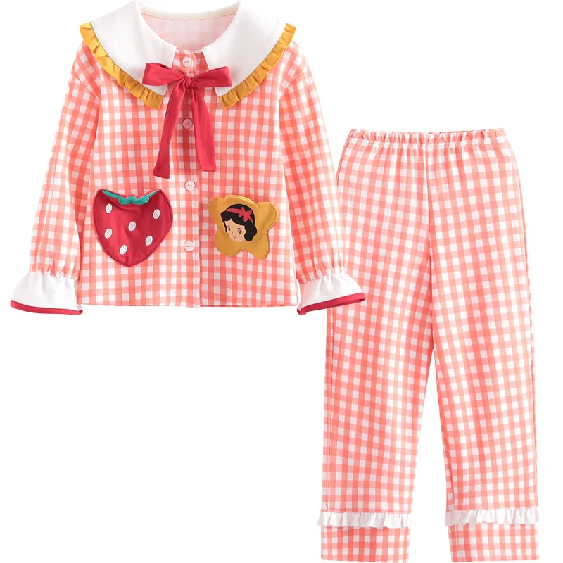 

Lovely Girls Pajamas Plaid Print Sleepwear Childen Soft Cotton Turen Down Collar Cardigan Pijamas Kids 2pcs Set Home Clothing