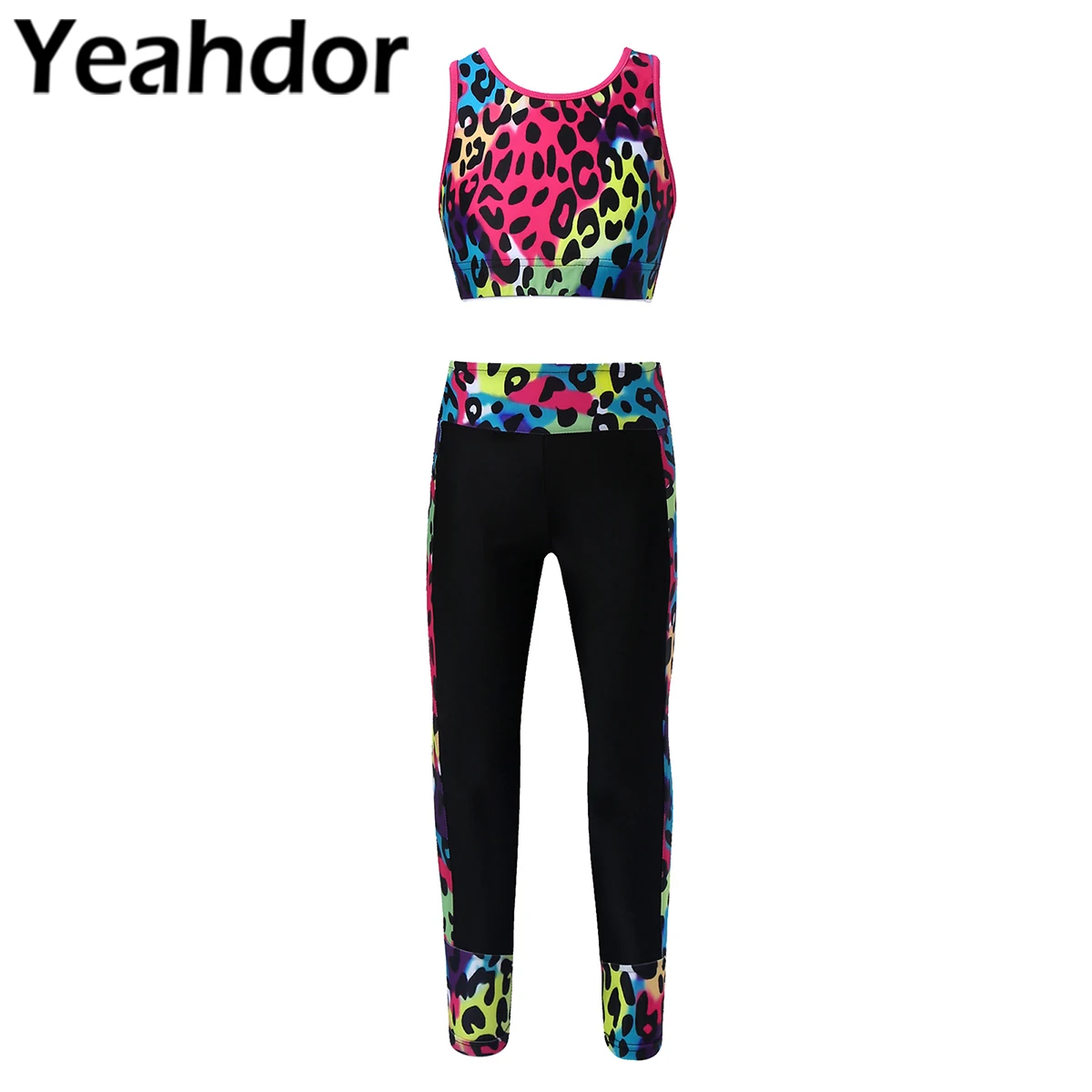 

Детский спортивный костюм для девочек Фитнес наряд с цифровой печатью, без рукавов, со сборками из ажурной ткани борцовка укороченный топ с ...