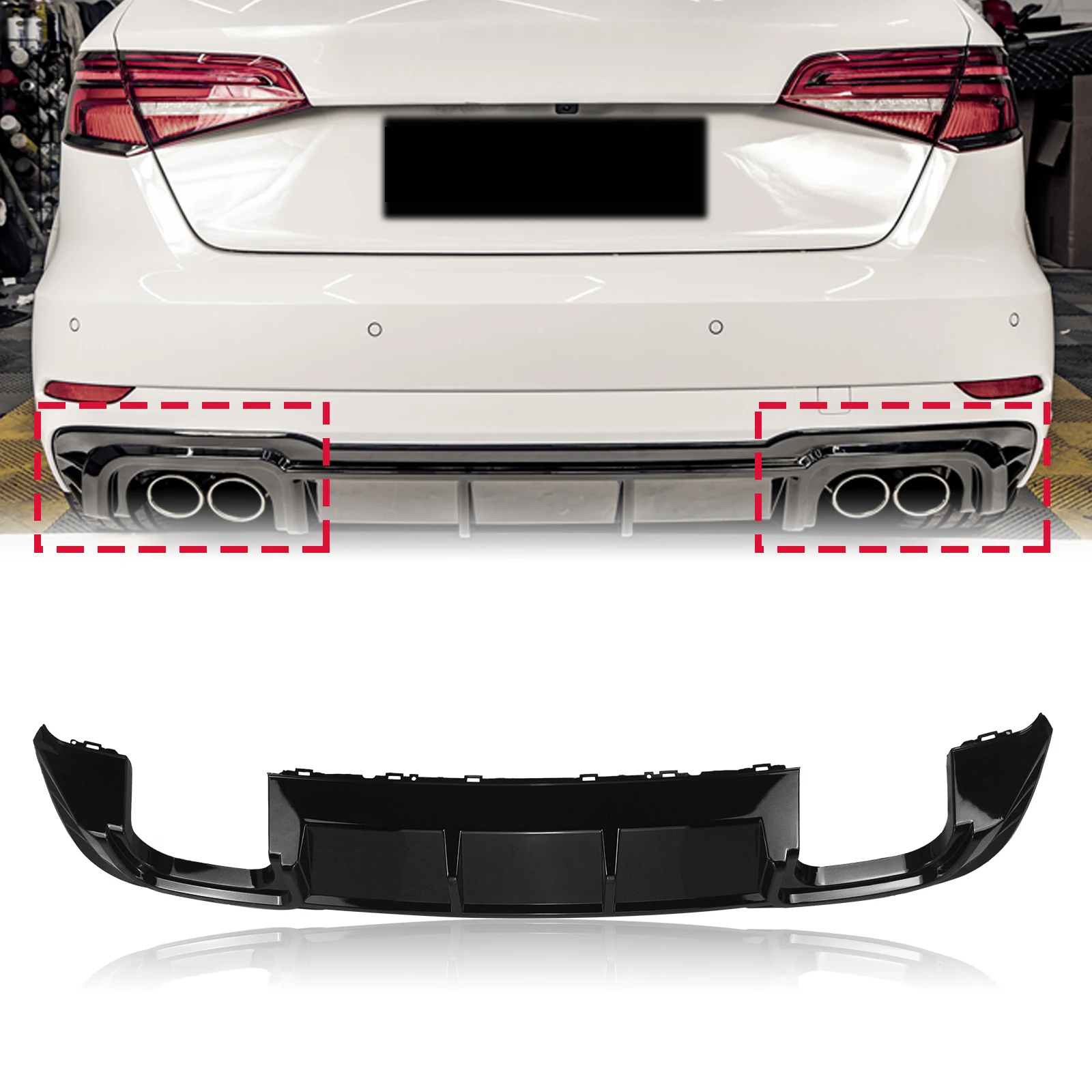 

Car Rear Bumper Diffuser Lip Quad Exhaust Outlet Guard Spoiler Plate Boot Splitter For Audi A3 Hatchback 2017 2018 2019 2020