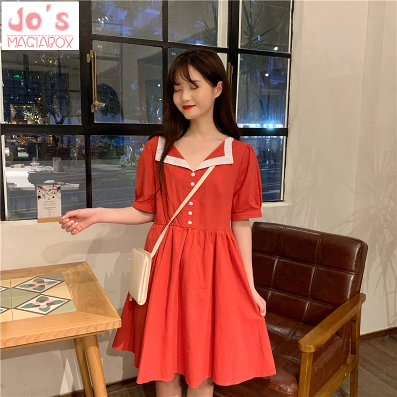 Летние однотонные корейские повседневные свободные Kawaii женское платье