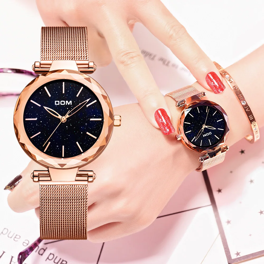 

DOM Brand Luxury Women Starry Sky Watches Elegant Fashion Casual Female Wristwatch Waterproof Gold Steel Reloj Mujer G-1244GK-1M