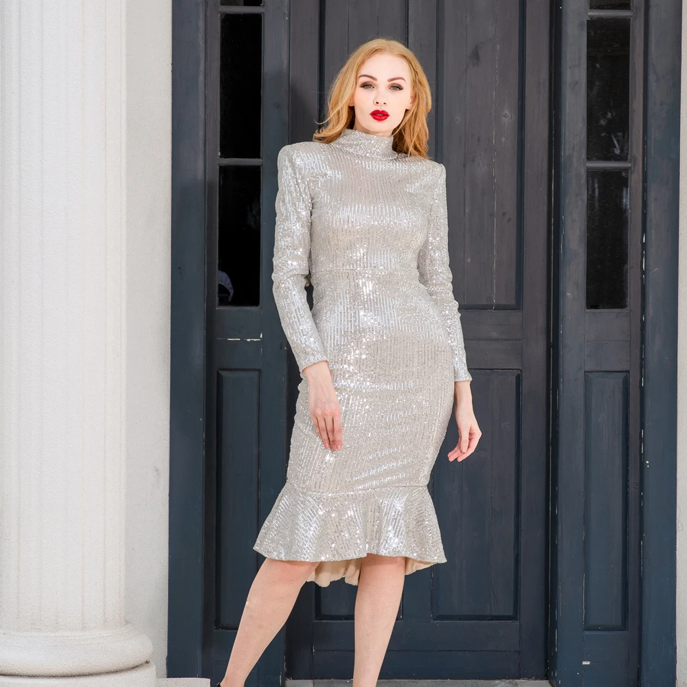 

Платье миди Русалка Обтягивающее Платье До Колена с воротником-стойкой и длинными рукавами