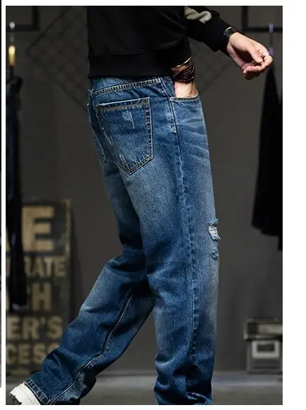 High Waist Jeans Big Men Black Size 42 44  Male Stretched Loose Straight Tall Man Trousers Denim Blue Elastic Jeans