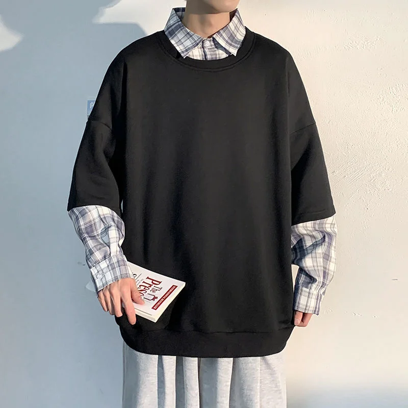 

Autumn Fake Two-piece Hoodie Men's Fashion Casual Plaid Lapel Sweatshirt Men Streetwear Loose Hip-hop Pullover Hoodies Mens