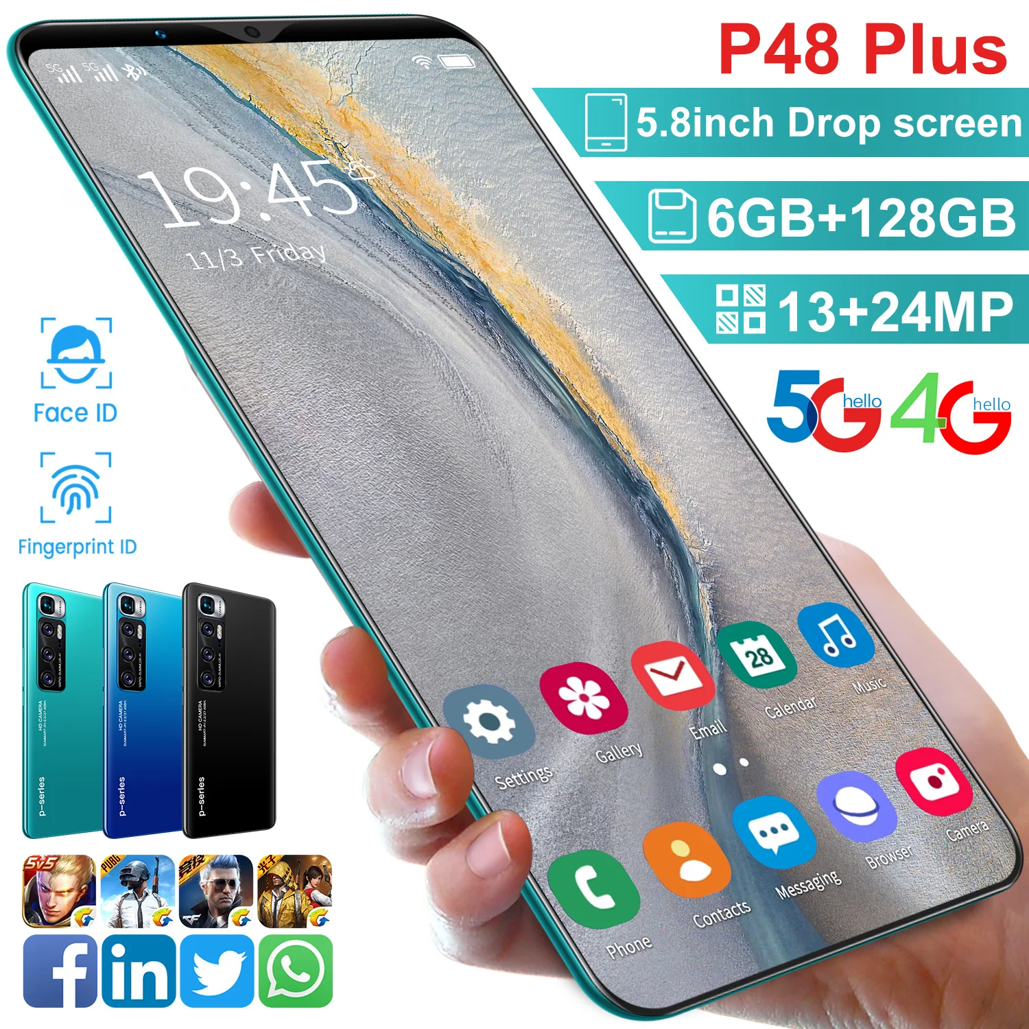 

2021 New P48 Plus 6+128GB 13+24MP 4800mAh 10 Core Fingerprint Unlock Smartphones MTK6799 Andriod 10 Mobile Phone Global Version