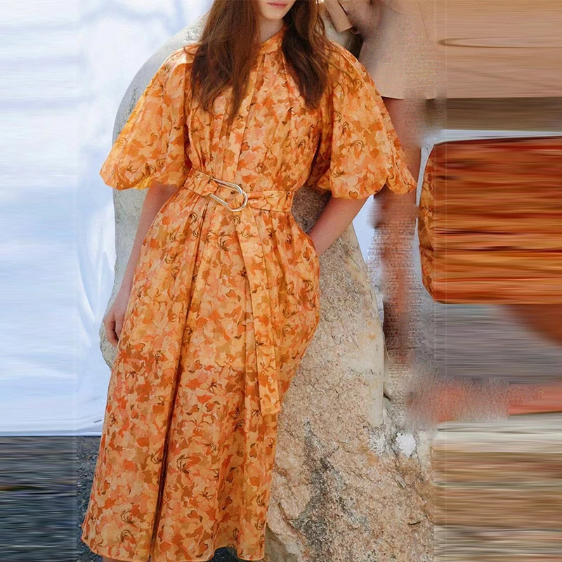 

Fashion Runway 2022 Spring Summer Dress Women Single Breasted Yellow Ruff Sleeve Fashion Flowers Printed Holiday Long Dresses