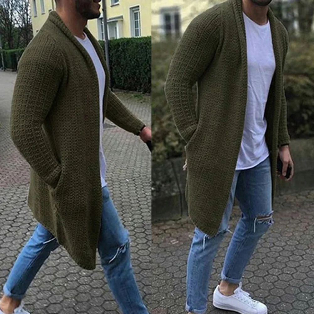 Осенне зимний мужской длинный свитер Однотонный с капюшоном и длинным рукавом