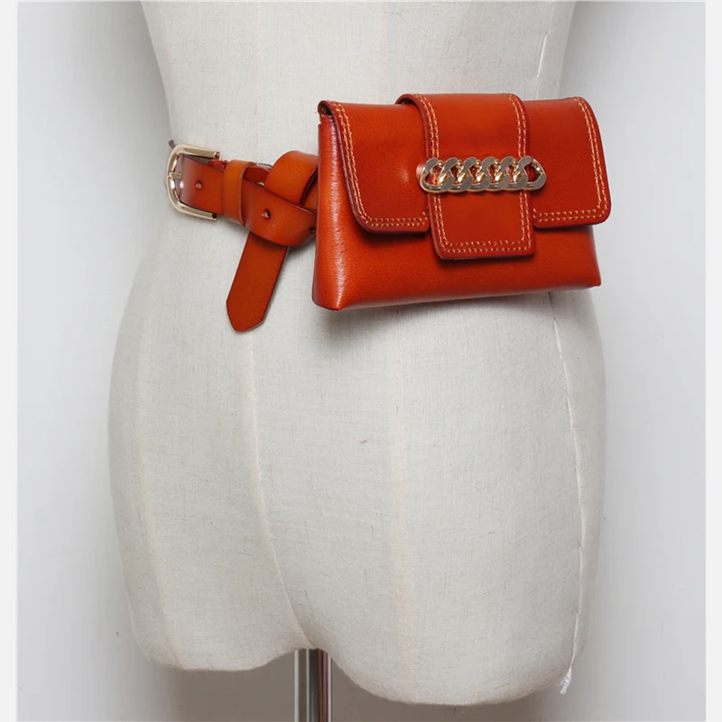 

2019 new street fashion Ins red waist bag women metal chain decoration detachable leather belt bag mobile phone bag Party bag