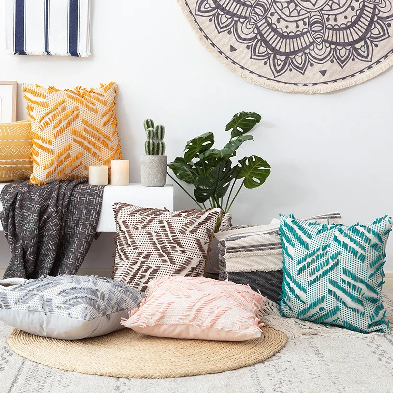 Наволочка с кисточками коричневая розовая синяя желтая квадратная наволочка