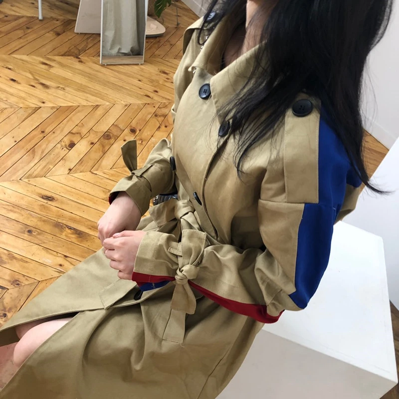 Женский Тренч с цветными блоками CHEERART карманами и поясом верблюда осеннее пальто