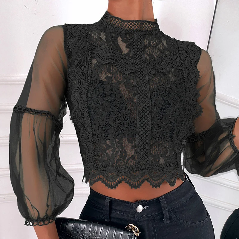 

Y2K Lace Blouses Women Summer Clothes Black Loose Crop Tops Ladies Hollow Out Mesh Shirts Elegant Boho Lantern Sleeve Blouse