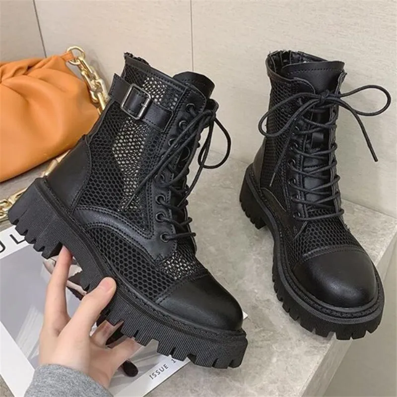 

2021 Summer New Sandals Lace Up Casual Versatile Shoes Woman Mesh Surface Black Breathable Hollow Out Short Boots Botas Mujer