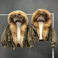 Women lamb fur lined parka with real red fox fur collar hooded jacket short or long fur coat