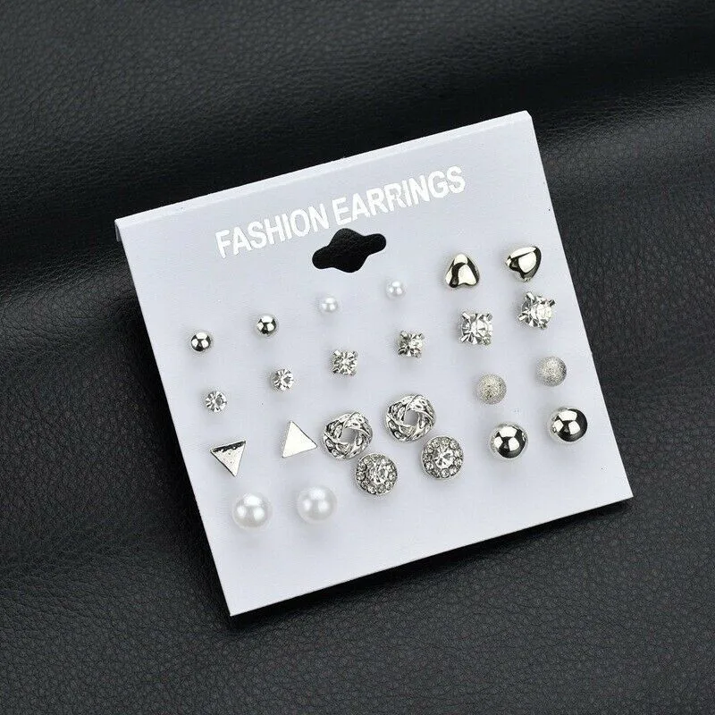 12 Pairs Silver stud 9/, 12 пар носочков на шпильки Комплект сережек для женщин розовыми цветами, расшитое бусинами, Errings Украшенные стразами серьги-гвоздики, серьги, ювелирное изделие, подарок - Окраска металла: 12 Pairs Silver stud