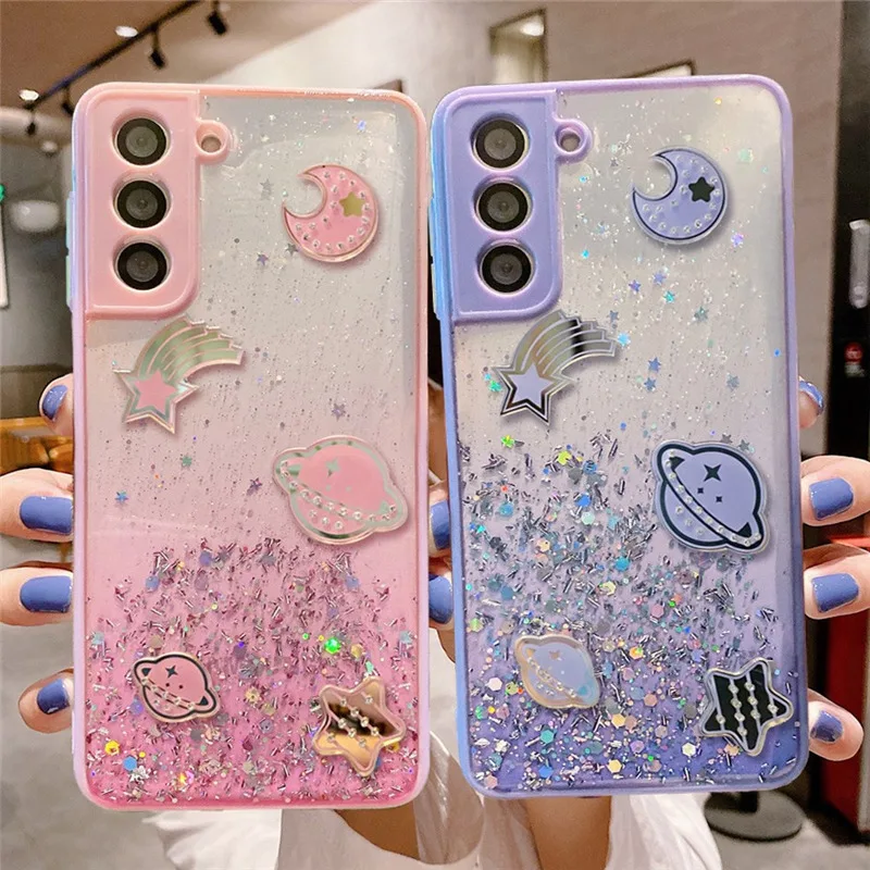 

Блестящий чехол для телефона с изображением астронавта и планеты для Samsung S21, S20 Plus, A51, A50, A71, A72, A32, Note 20, противоударный защитный чехол для каме...