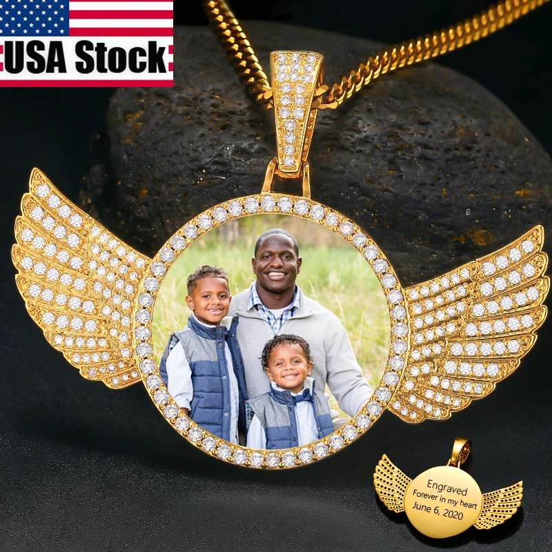 

Angel Wings Medallions Custom Photo Pendant Necklace Mens Hip Hop Jewelry Iced Out Zircon Pendant Personality Engraved Name Gift