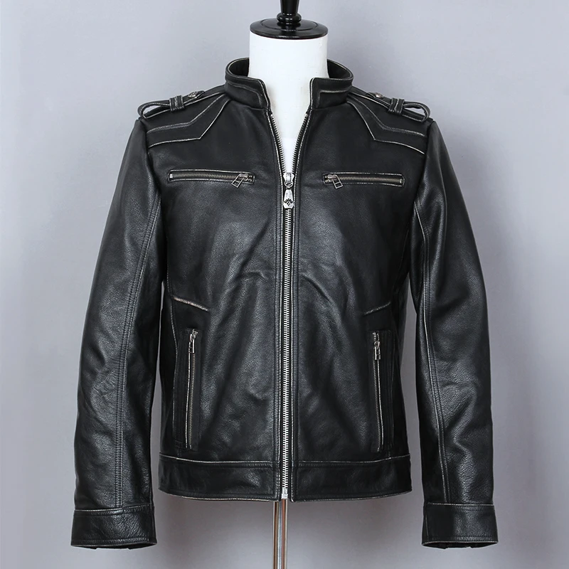 

Fashion Vintage 2021 Slim Fit Genuine Leather Jacket Men with Cross Black Motorcycle Jacket Punk style Biker Leather Coat Male