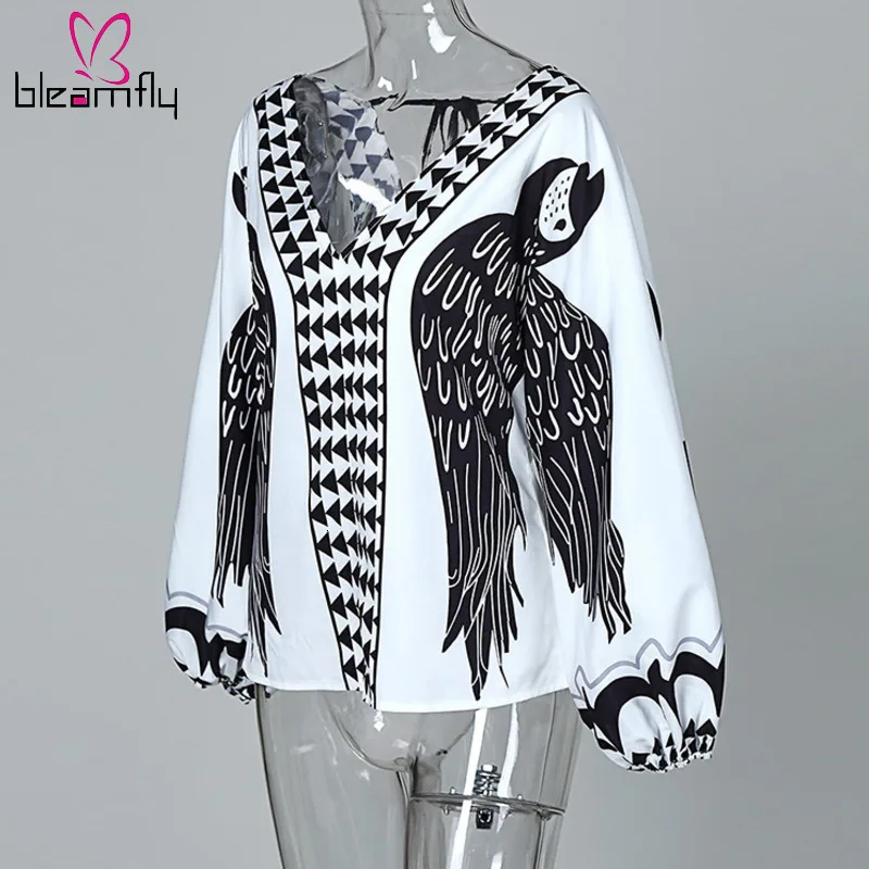 2019 женская блузка с принтом птицы v образным вырезом на шнуровке открытой спиной