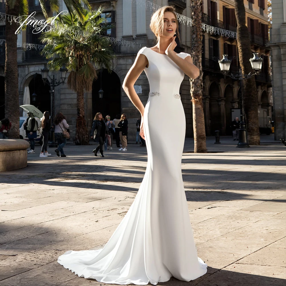 

Fmogl Sexy Backless Soft Satin Mermaid Wedding Dresses 2022 Luxury Beaded Pearls Sashes Sweep Train Vintage Trumpet Bridal Gowns