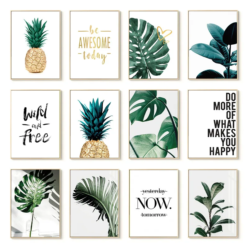 

Nordic Style Pastoral Green Plants Hanging Painting Leaves Fruit Pineapple Letter Art Painting Core home decor Wall hanging