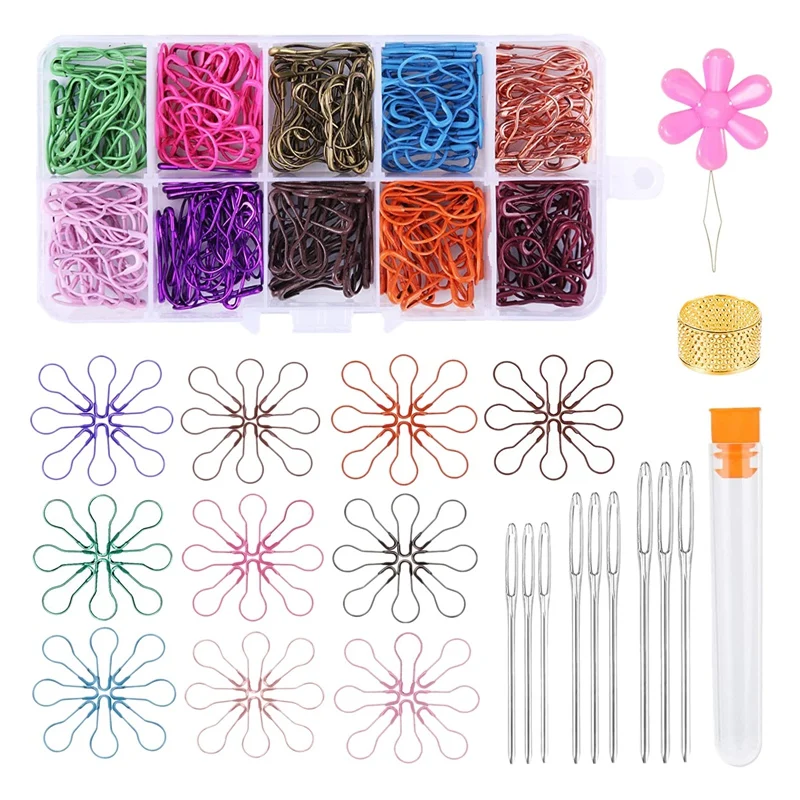 

120 Pieces 10 Colors Safety Pins Pear Shaped Pins with 9 Pcs Big Eye Sewing Needles for Knitting and DIY Project