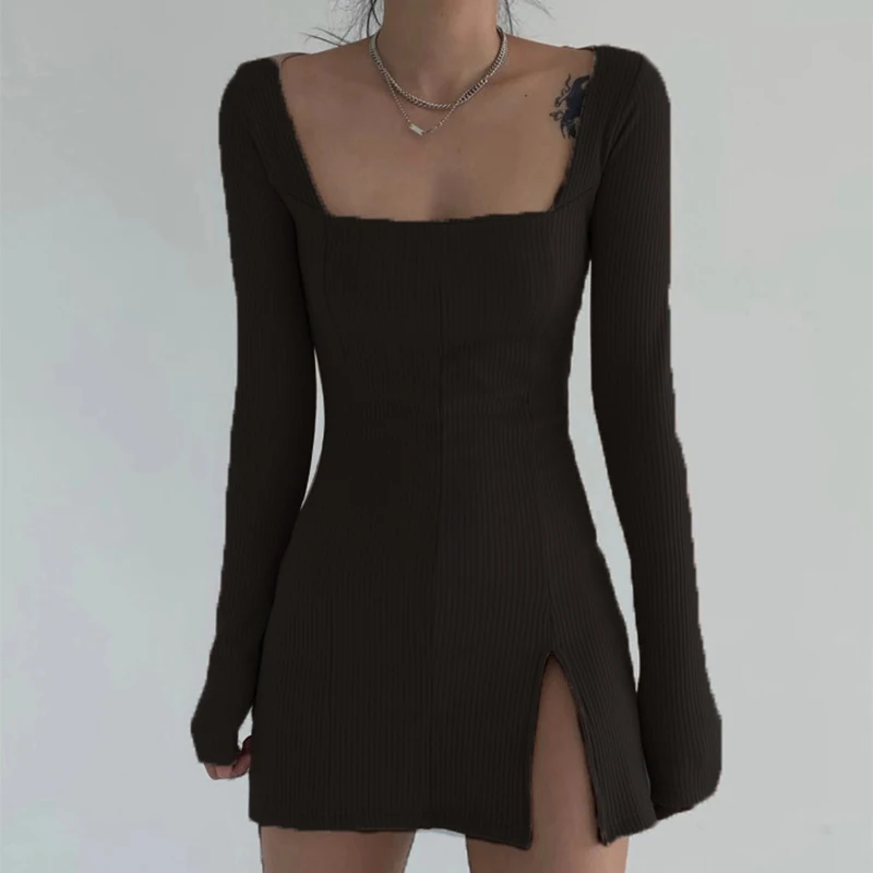 

Sexy Side Split Square Collar Long Sleeve Spring Dress Women Knitted Bodycon Party Clubwear Mini Dresses 2020