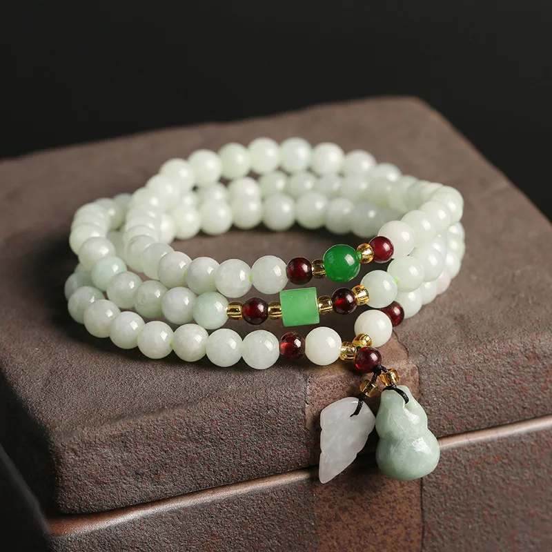 

Natural Boutique Jade Three Circle Bracelet Jewelry Women's Green Garnet Gourd Double Pendant Bohemian Ethnic Bracelet For Girl