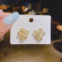 cute 3d butterfly shape gold alloy stud earrings silver rhinestones 925 silver needle jewelry elegant geometric fashion earrings