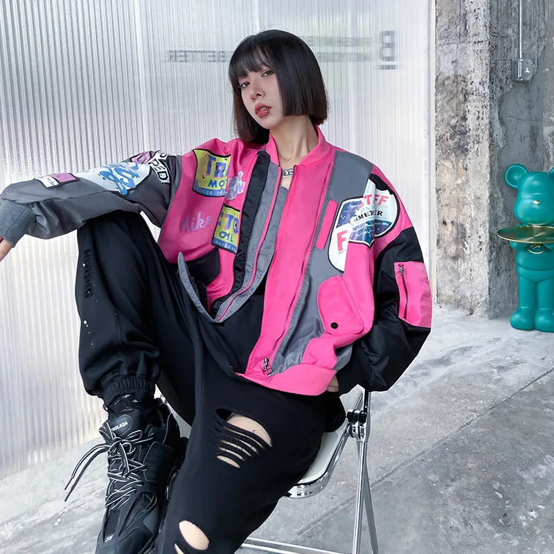 

2021 Korean Style Retro Loose Baseball Uniform Patch Printed Fashion Jacket Couple's Basic Coat Women Clothing Outwear