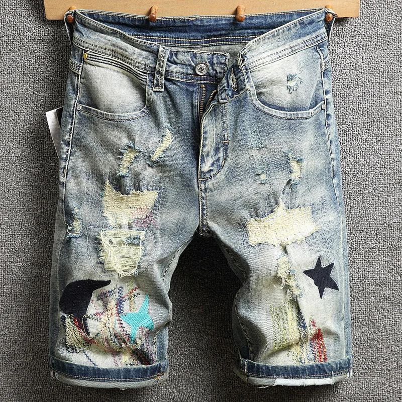 

Мужские джинсовые шорты с вышивкой, рваные джинсовые шорты в стиле ретро, уличная мода, тонкие облегающие брюки до колена с дырками, Новинка ...