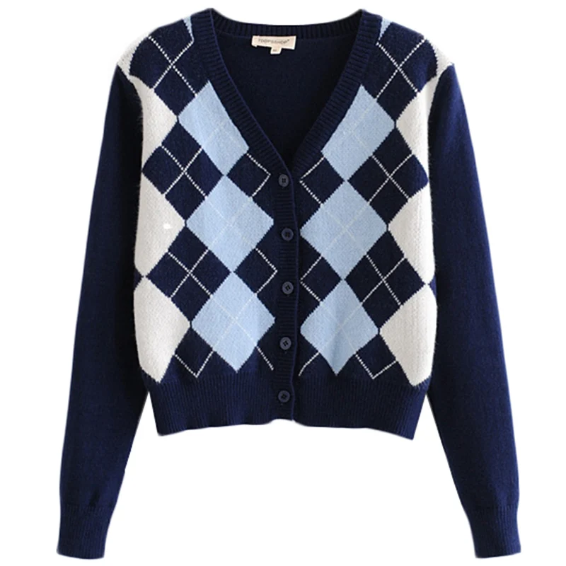 

Women's Knitting Cardigan V-neck Retro Rhomboid Pattern Long Sleeves Winter Sweater Wholesale 2021 New Fashion Female Clothing