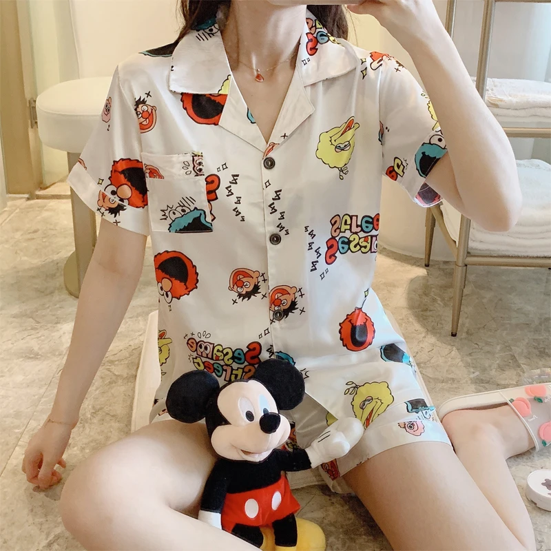 Женская пижама размера плюс Летняя шелковая с принтом|Комплекты пижам| |