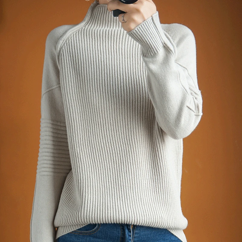 

Smpevrg European station cashmere sweater women's half-high collar long-sleeved thick sweater lazy loose wild wool base sweater